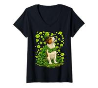 Mujer Lucky Jack Russell con tréboles Día de San Patricio Perro Camiseta Cuello V