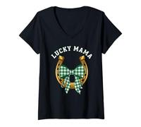 Mujer Lucky Mama Irish St Patricks Day Mom Horseshoe Cita Camiseta Cuello V