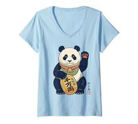 Mujer Lucky Maneki Neko Panda Ukiyo-e Arte Japonés Estética Camiseta Cuello V