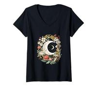 Mujer Luna Creciente con Flores y Setas Celestial Botánico Camiseta Cuello V