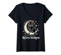 Mujer Luna Creciente del Gato Negro - Nueve Vidas Cero arrepentimientos Camiseta Cuello V