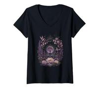 Mujer Luna Meditación Yoga Lotus Colibrí Floral Púrpura Camiseta Cuello V