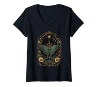 Mujer Luna Moth Celestial Botánico Fases Lunares Gótico Boho Camiseta Cuello V