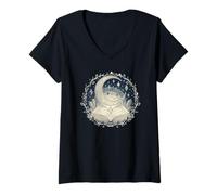 Mujer Luna y Libro Abierto Cielo Nocturno Estrellado Lectura mágica Camiseta Cuello V