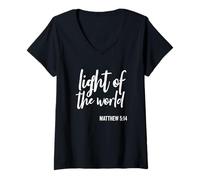 Mujer Luz del Mundo Escritura Religiosa Diciendo versículo bíblico Camiseta Cuello V