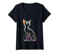 Mujer Lykoi Cat Colorido Retrato Animal Arte Dibujo Gráfico Camiseta Cuello V