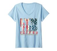 Mujer Lynyrd Skynyrd - Logotipo de la Bandera de Estados Unidos, Rayas de los años 70, Rock Sur Camiseta Cuello V