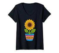 Mujer Maceta de Girasol Estilo Retro de Ganchillo con Formas de impresión Mania Camiseta Cuello V