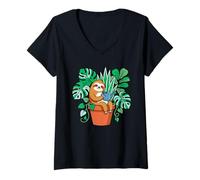 Mujer Maceta de Perezoso Monstera Planta de Interior Botánica Arte para Padres Camiseta Cuello V