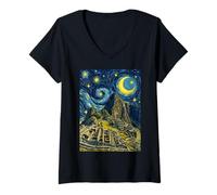 Mujer Machu Picchu Perú Noche Estrellada Historia del Arte Presente Camiseta Cuello V