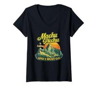 Mujer Machu Picchu Perú Viajes Andes Montañas Puesta del Sol Retro Camiseta Cuello V