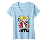 Mujer MAD VACA Vaca lleva una motosierra. Caos Funny Chainsaw Crazy Camiseta Cuello V