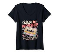 Mujer Made To Worship Psalm 150:1 Casete Retro Alabanza Fe Camiseta Cuello V