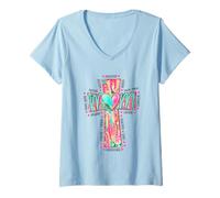 Mujer Madre corazón cruz hermosas palabras inspiradoras Camiseta Cuello V