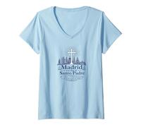 Mujer Madrid Recibe al Santo Papa 2026 Católico Símbolos de Pez Camiseta Cuello V