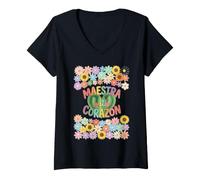 Mujer Maestra con Corazón Cactus Floral Teacher Camiseta Cuello V
