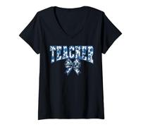 Mujer Maestra Coqueta Toile Azul Lazo Floral Primera Vuelta al Camiseta Cuello V