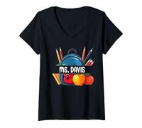 Mujer Maestra de Regreso a Clases con Nombre Personalizado de Ms. Davis Camiseta Cuello V