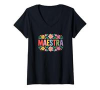 Mujer Maestra Flowers Español Profesora Cinco De Mayo Divertido Camiseta Cuello V