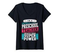 Mujer Maestro de Preescolar ¿Cuál es tu súper poderoso educador Divertido Camiseta Cuello V