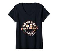 Mujer Maestro de primer grado Regreso a la escuela Maestros de primer grado Flor Camiseta Cuello V