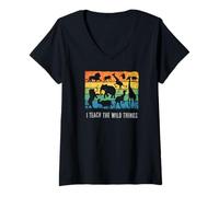 Mujer Maestro Divertido Enseña Animales Clase Jungla Retro Camiseta Cuello V