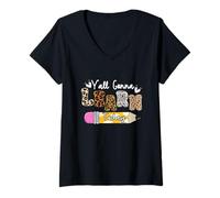 Mujer Maestro Leopardo Primer Día De Escuela Todos Vamos A Aprender Hoy Camiseta Cuello V