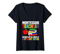 Mujer Maestro Montessori enseña Porque Todos crecemos Camiseta Cuello V