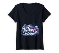 Mujer Magia del Cielo Unicornios galopantes Caballos Pareja Amor Camiseta Cuello V