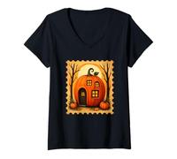 Mujer Magia escénica de Halloween Pumpkin House Camiseta Cuello V