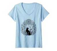 Mujer Magia Floral de Mandala de Gato Bruja Celestial Camiseta Cuello V