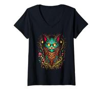 Mujer Magic Yule Cat Mystic Forest Feline Fantasy Goblincore Camiseta Cuello V