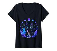 Mujer Magical Black Cat Witchcraft Vibración estética de Halloween Camiseta Cuello V