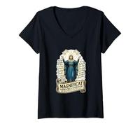 Mujer Magnifica al Señor Nuestra Señora María Misa Latina Católica Camiseta Cuello V