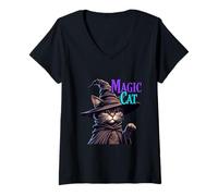 Mujer Mago místico Gatito Encantado fantasía Dibujos Animados Arte Camiseta Cuello V