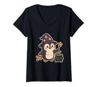 Mujer Mago pingüino con caldero y Varita Camiseta Cuello V