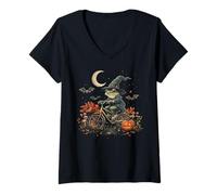 Mujer Mago Rana Montando Bicicleta Espeluznante Bosque Calabaza Halloween Camiseta Cuello V
