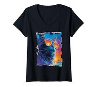 Mujer Maine Coon con Gafas de Sol Sunset Beach Tropical Summer Vibes Camiseta Cuello V
