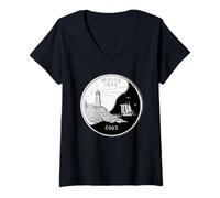 Mujer Maine State Quarter - Faro, Costa Rocosa y Goleta Camiseta Cuello V