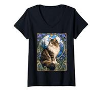 Mujer Majestic Gato de Pelo Largo Art Nouveau Mountain Camiseta Cuello V