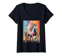 Mujer Majestuoso diseño Abstracto de Salpicaduras de Pintura de Unicornio Camiseta Cuello V