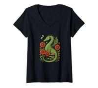 Mujer Majestuoso dragón Rojo con diseño de Flor de Amapola Brillante Camiseta Cuello V