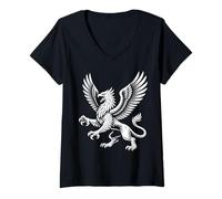 Mujer Majestuoso Griffin con alas Fierce Mythic Beast Line Art Camiseta Cuello V