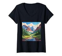 Mujer Majestuoso Mountain Valley Art Snowy Peaks Pine Tree Stream Camiseta Cuello V