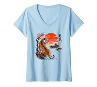 Mujer Majestuoso Tigre Japonés Coraje Arte Fuji Sakura Camiseta Cuello V