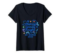 Mujer Making Spirits Bright ER Nurse 2025 Navidad Festiva Camiseta Cuello V