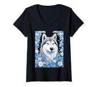 Mujer Malamute de Alaska rodeado de nomás olvides Camiseta Cuello V