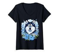 Mujer Malamute de Alaska y flores silvestres Olvídate de mí Camiseta Cuello V