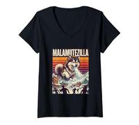 Mujer Malamutezilla Perro Malamute de Alaska - Dogzilla Monster Movie Camiseta Cuello V