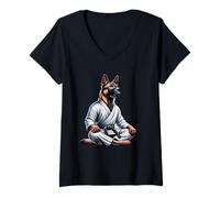 Mujer Malinois Karate Perro con Kimono Meditación Camiseta Cuello V